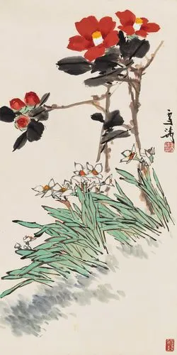 王雪涛 茶花水仙 立轴 设色纸本