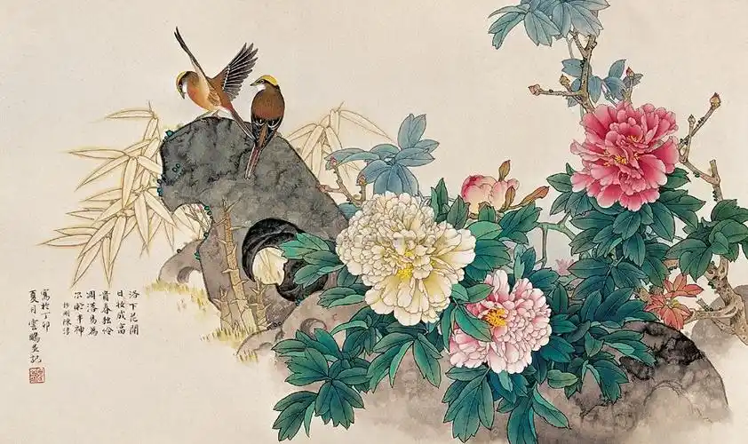 0344 丁卯(1987年)作 工笔花鸟 横幅 设色纸本