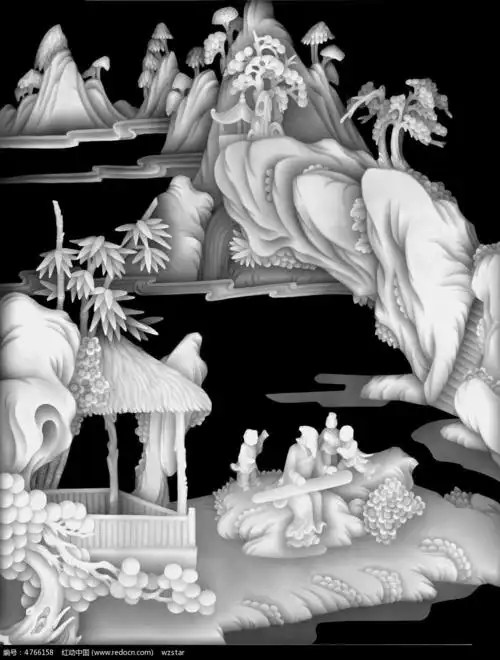 古代中国风山水画黑白浮雕画