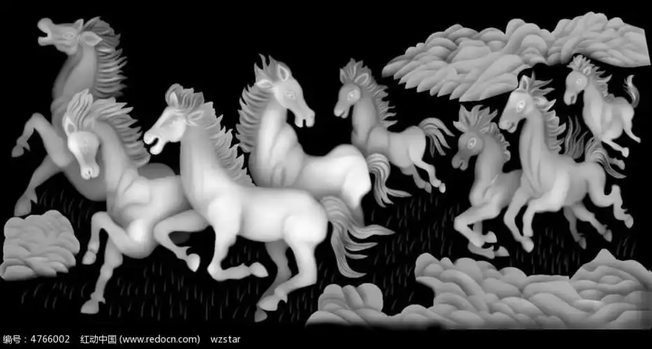 中国风八骏图黑白浮雕画